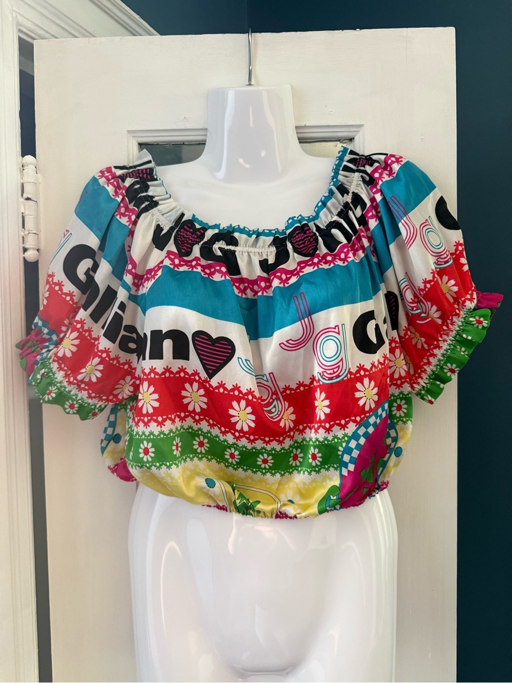 Vintage John Galliano Logo Print Off Shoulder Crop Blouse Peasant Top France 4 S